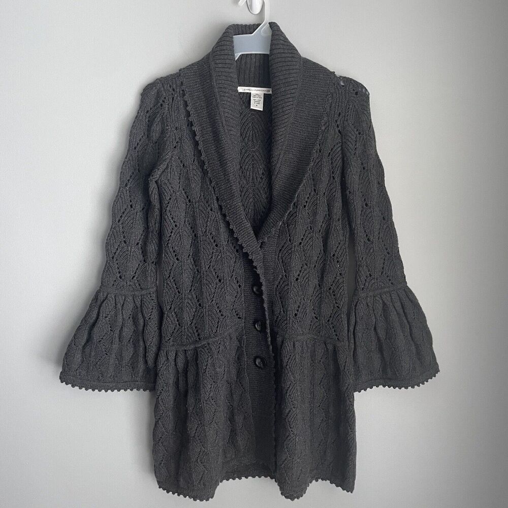 Diane von Furstenberg 100% Wool Joelle Cardigan Sz S Crochet Sweater Bell Sleeve